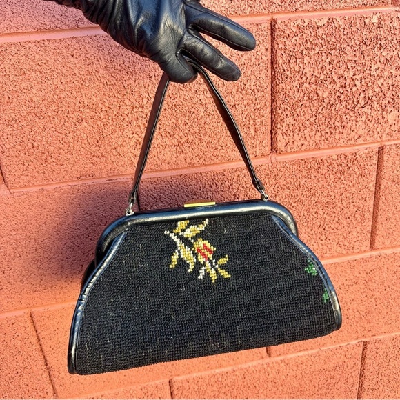 Vintage Petit Point Handbag Black Floral Leather Trimmed Wool Handstitched - Picture 10 of 14